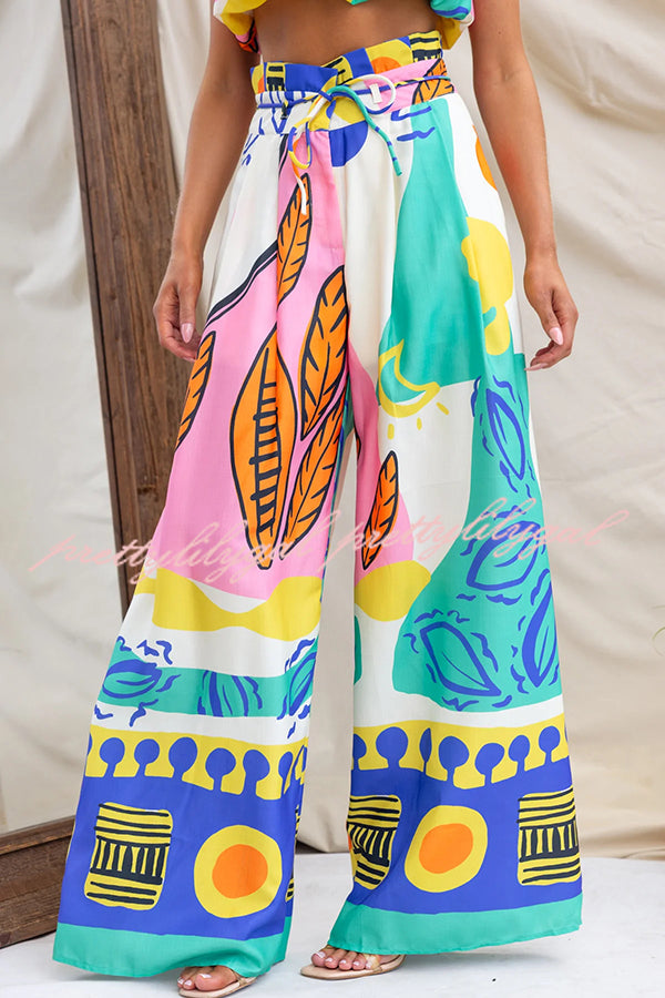 Maison Linen Blend Unique Print High Neck Top and Elastic Tie-up Waist Pocket Wide Leg Pants Set