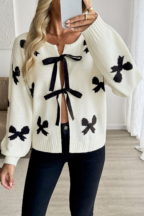 Fashionable Contrasting Bow Casual Lace-up Knitted Cardigan