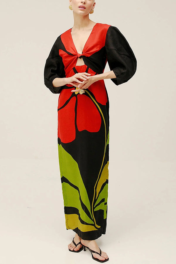 Kaya Linen Blend Color Block Print Front Cutout Knot Puff Sleeve Maxi Dress