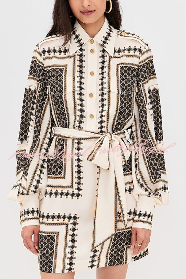 Hildie Unique Print Epaulettes Long Sleeve Flap Pockets Tie-up Waist Shirt Mini Dress