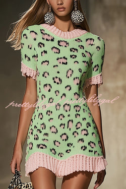 Leopard Print Contrast Color Knit Short Sleeve Ruffled Mini Sweater Dress