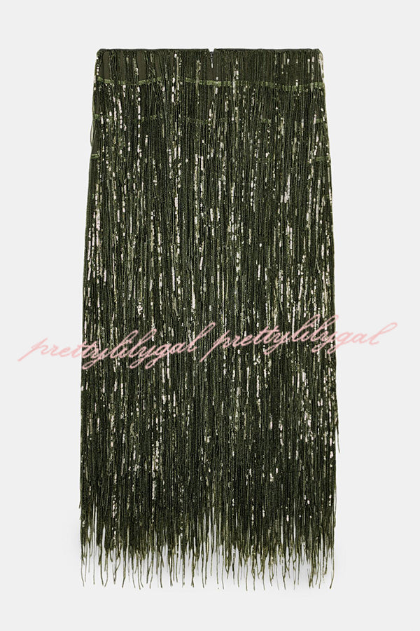 Party Crasher Layered Sequined Tassels High Rise Back Zipper Midi Skirt