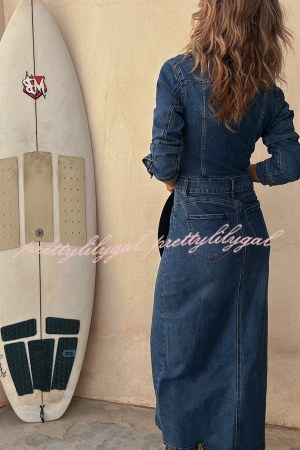 Tessy Denim Metal Button Zipper Shirt Stretch Pencil Slit Midi Dress