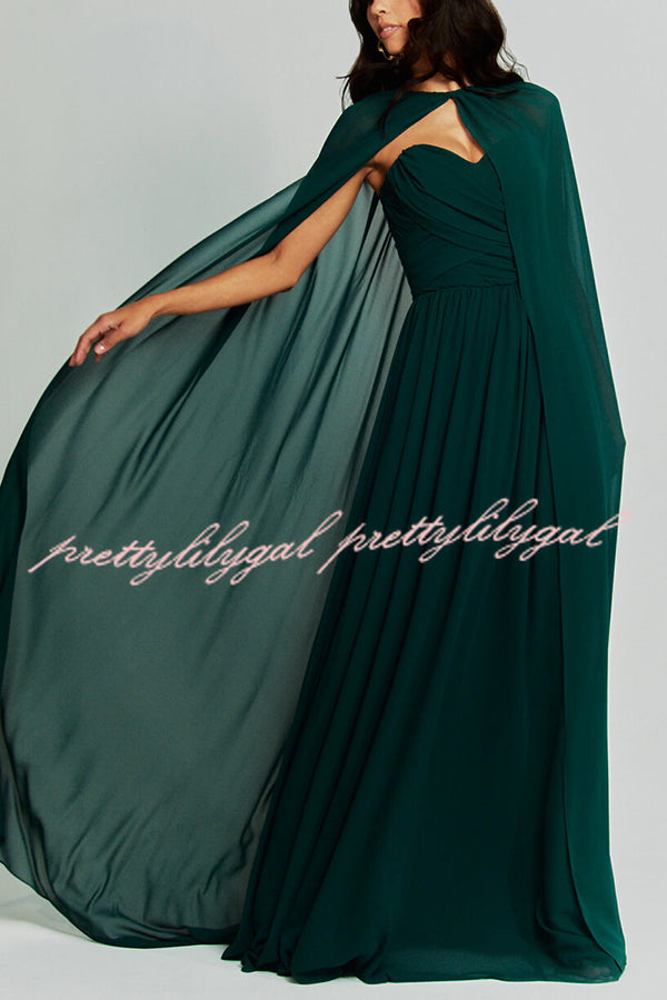 Romantic Party Chiffon Off Shoulder Sweetheart Neck Ruched Cape Maxi Dress