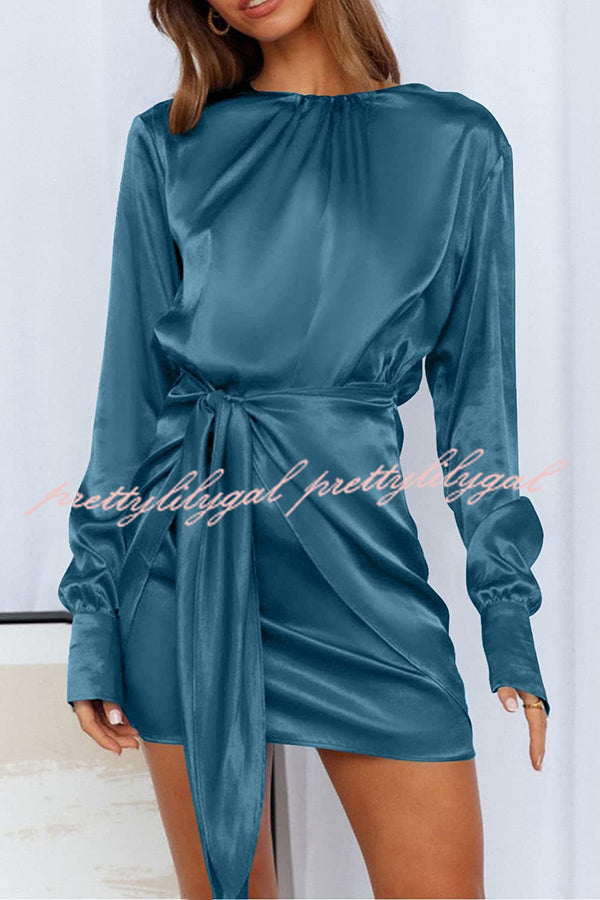 Satin Round Neck Long Sleeve Elastic Tie Mini Dress