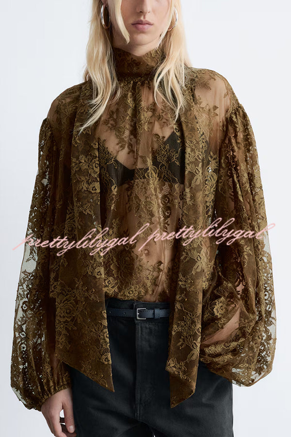 Reigna Semi-sheer Floral Lace Bow Neck Balloon Sleeve Loose Blouse