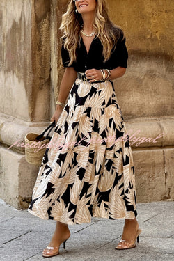 Resort Style Botanical Print Elastic Waist Loose Stitching Midi Skirt
