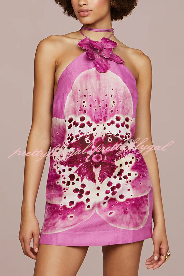Artistic Flavor Linen Blend Printed Orchid Shape Halter Mini Dress