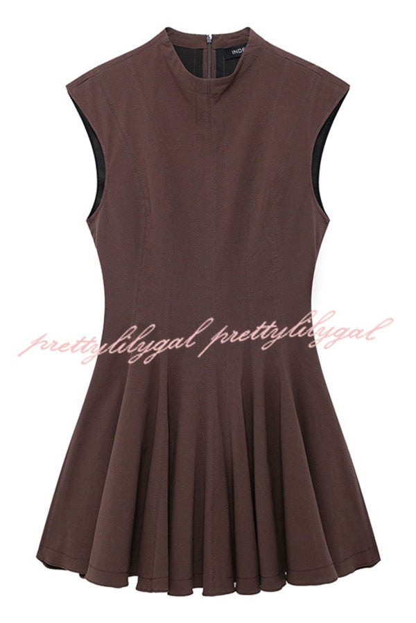 Solid Color Round Neck Sleeveless Waist Mini Dress