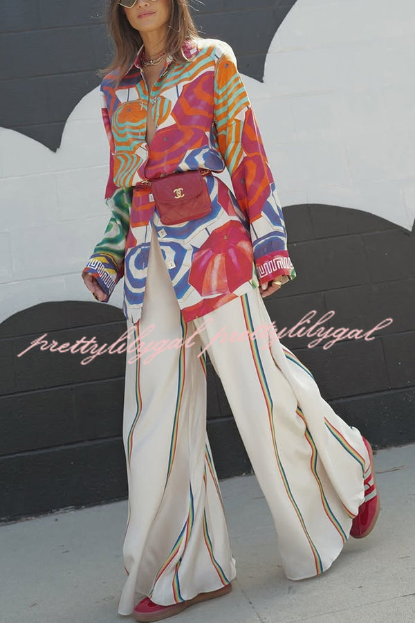 Elouise Satin Color Block Art Print Long Sleeve Button Back Elastic Waist H-line Mini Dress