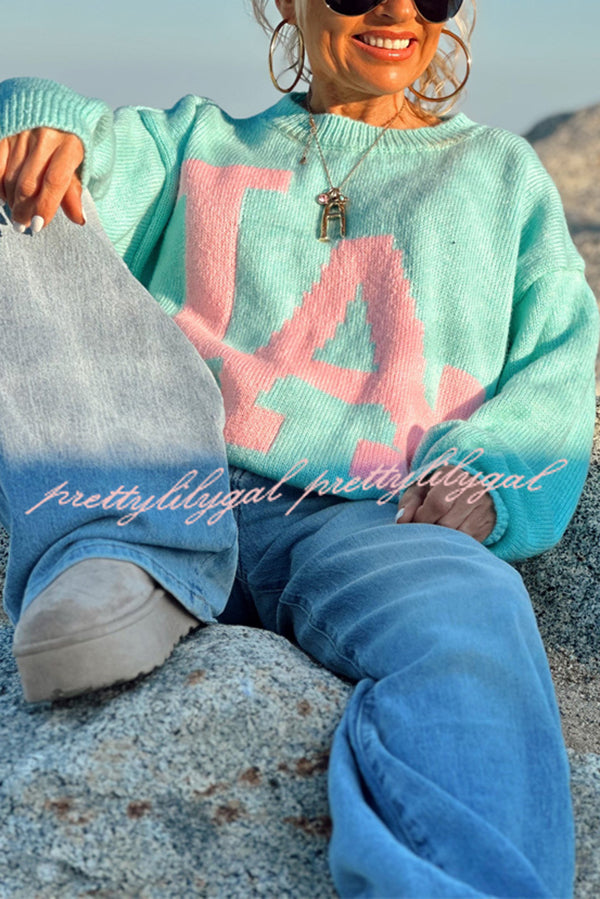 Letter Pattern Crew Neck Long Sleeve Loose Knit Sweater