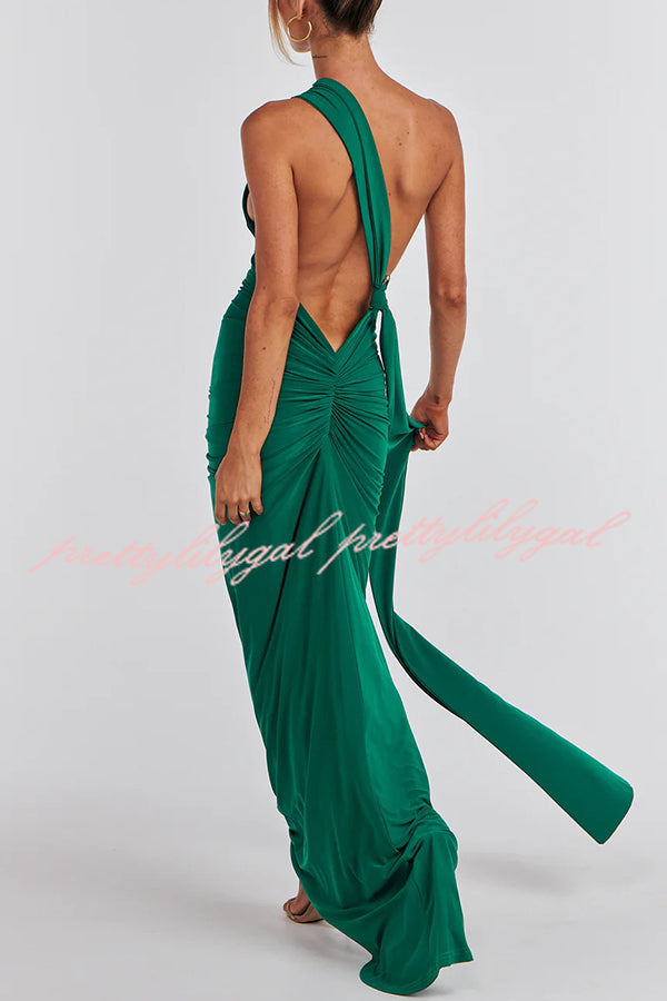 Sexy Backless Pleated Slim Solid Color Sleeveless Elegant Maxi Dress