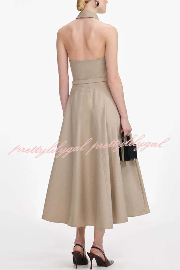 Charmed To Meet You Button Up Belted Pocket Halter Shirt Flare Midi Dress