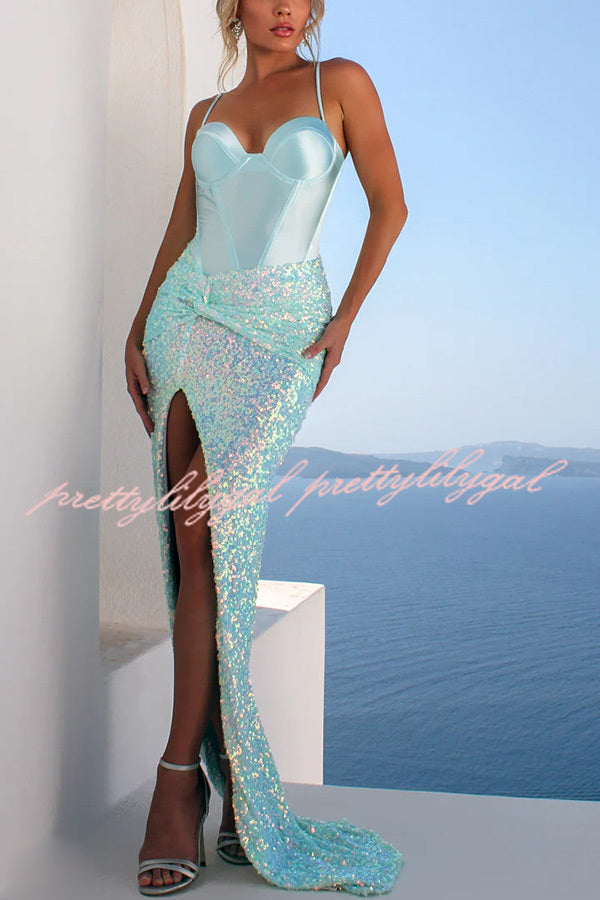 All about Glam Satin Corset Sequin Twist High Leg Split Maxi Dress