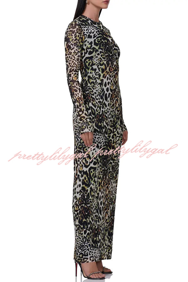 Wild As They Come Mesh Leopard Long Sleeve Stretch Maxi Dress