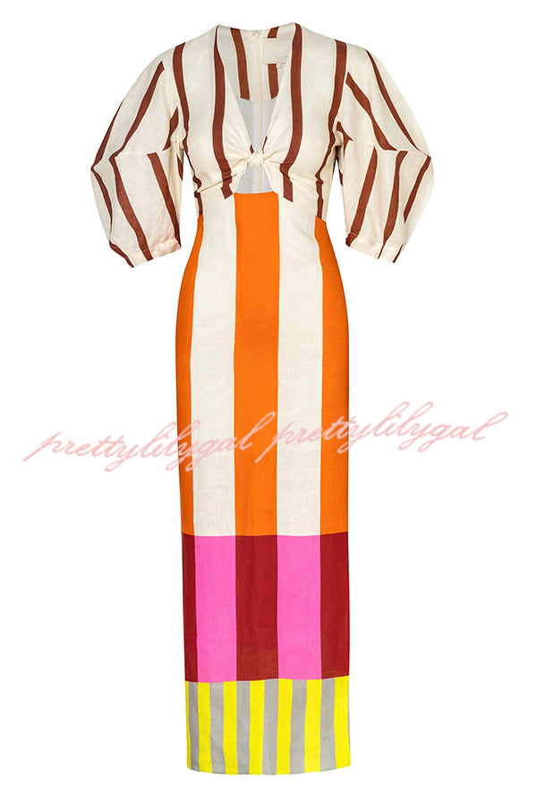 Kaya Linen Blend Color Block Print Front Cutout Knot Puff Sleeve Maxi Dress