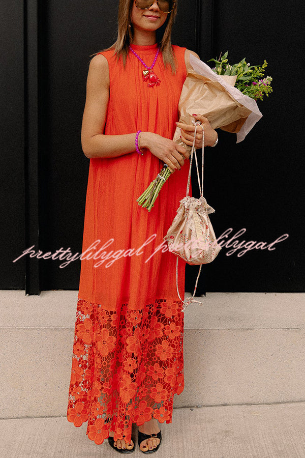 Breezy Comfort Tie-up Neck Sleeveless Floral Lace Hem Maxi Dress
