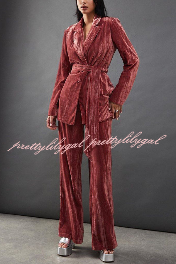 Solid Color Velvet Long-sleeved Waist Tie Top and Elastic Waist Casual Pocket Straight-leg Pants Set
