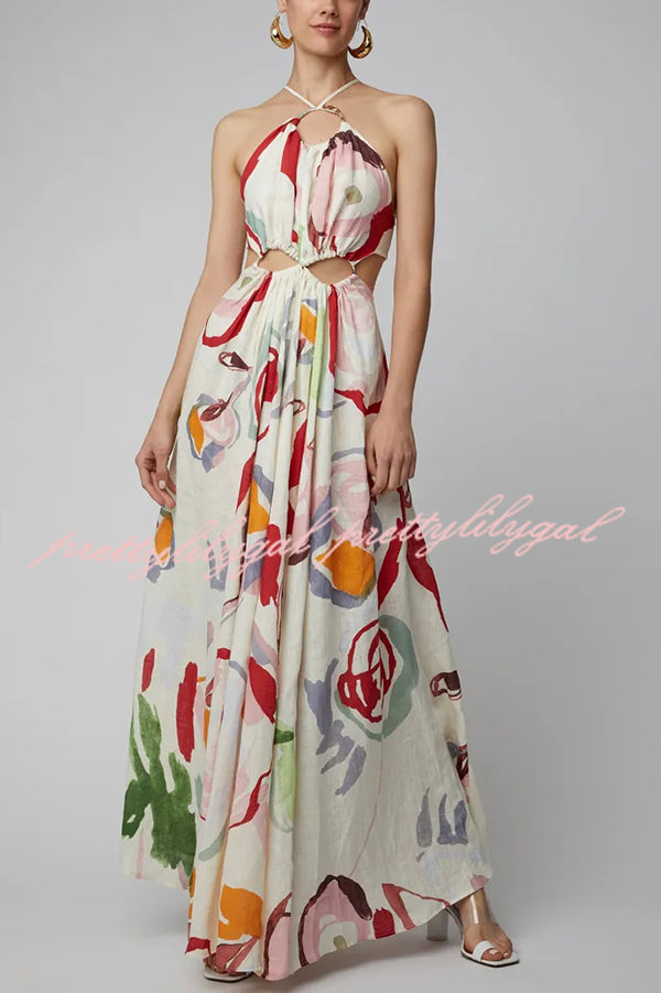 Unique Printed Cutout Backless Large Hem Maxi Dress