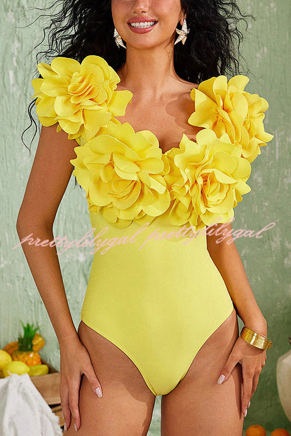 Solid Color 3D Flower Stretch One-piece Swimsuit