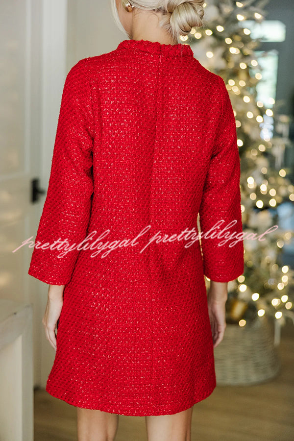 Christmas Red Tweed Fabric Braided Trim Vintage Button 3/4 Sleeve Shift Mini Dress