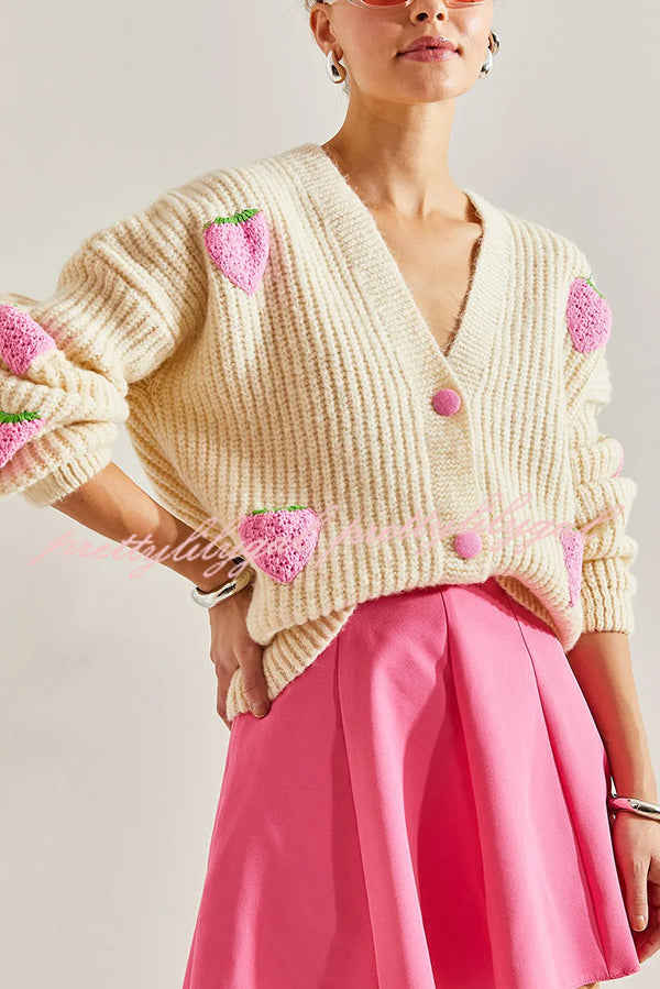 Stylish and Sweet V-neck Strawberry Embellished Knitted Cardigan