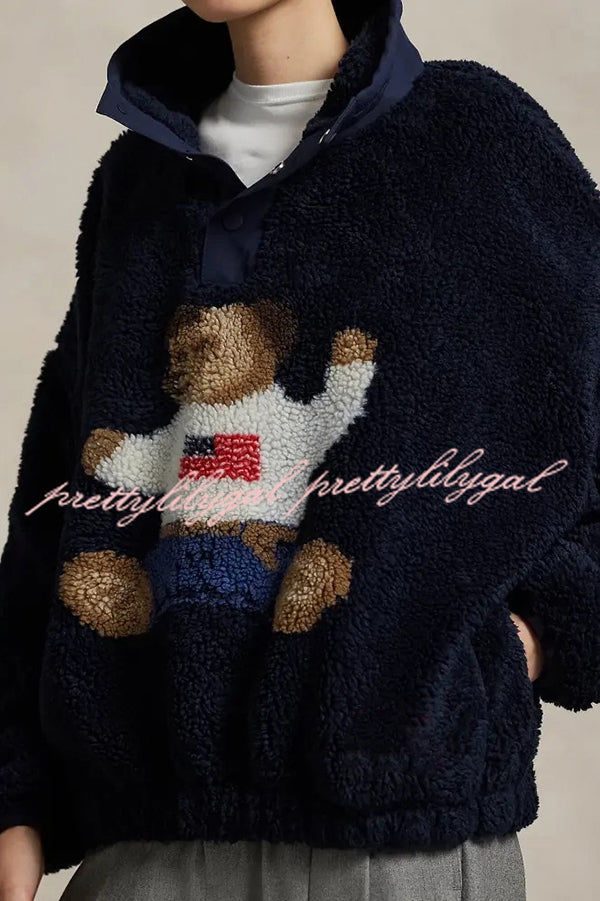 American Retro Polo Bear Pattern Stand Button Neck Long Sleeve Fleece Pullover
