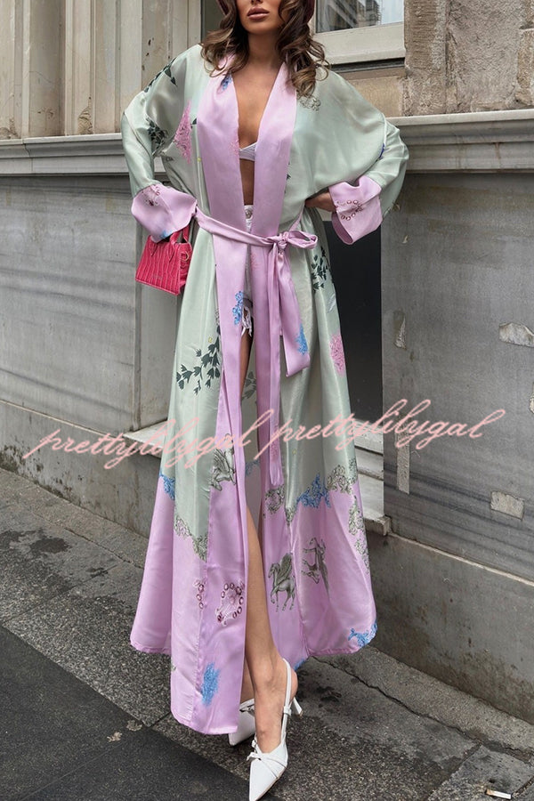 Karty Satin Unique Print Long Sleeve Belt Lapel Kimono Cover-ups