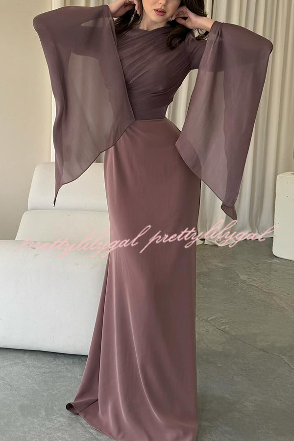 Liora Ruched Organza and Satin Patchwork Design Long Bell Slit Sleeve Maxi Dress