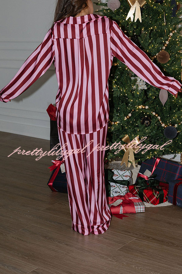 Courtney Satin Colorblock Striped Loose Shirt and Elastic Waist Pocketed Pajama Set