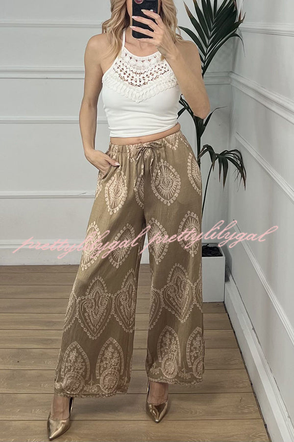 Unique Print Elastic Waist Casual Pocket Wide Leg Pants