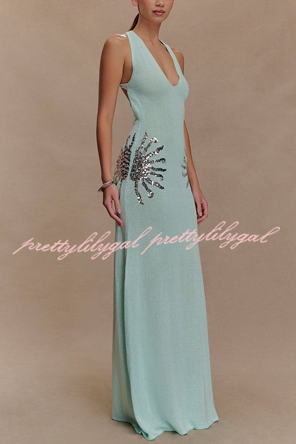 Sparkling Nights Knit Sunburst Sequin Detail Back Cross Straps Stretch Maxi Dress