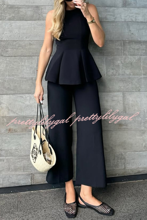 Solid Color Round Neck Sleeveless Casual Top and Loose Straight Pants Set