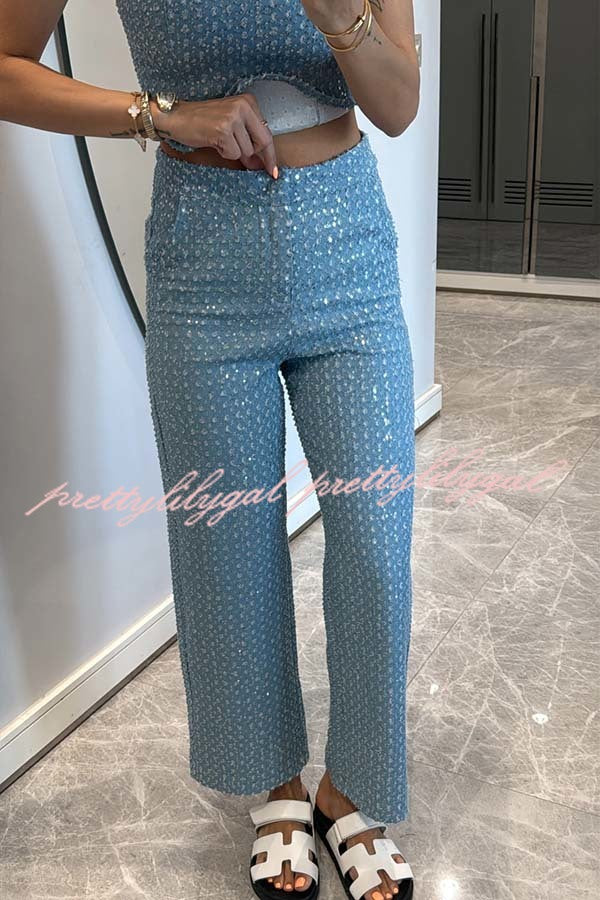 Fashionable Look Denim Sequin Textured High Rise Pocket Straight Jeans