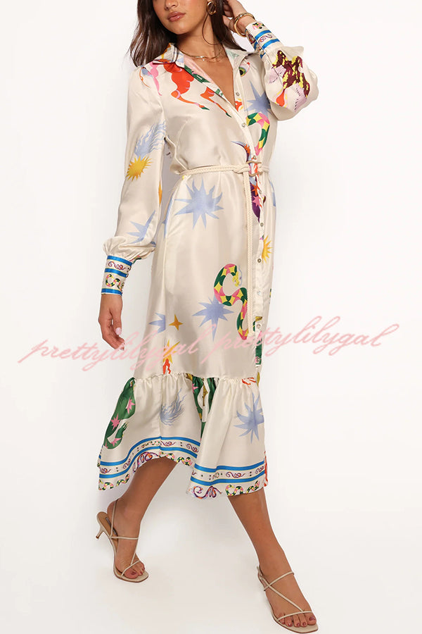 Calie Satin Unique Print Button Rope Belted Pocket Loose Shirt Midi Dress