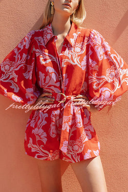 Linen Blend Botanical Print Lapel Puff Sleeve Loose Tie Casual Rompers