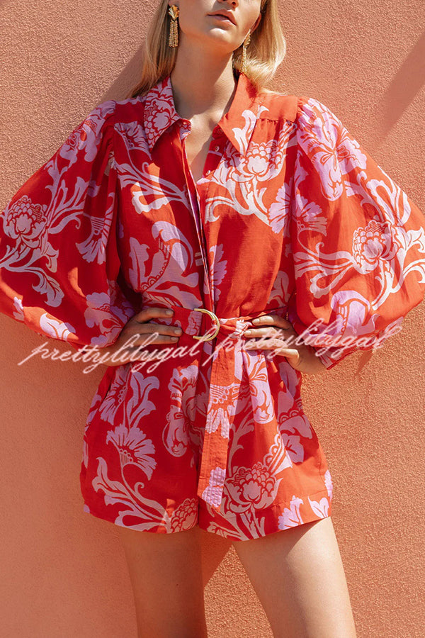 Linen Blend Botanical Print Lapel Puff Sleeve Loose Tie Casual Rompers