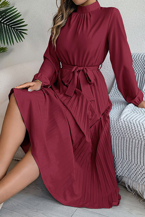 Elegant Stand-collar Long-sleeve Waisted Tie-up Pleated Midi Dress