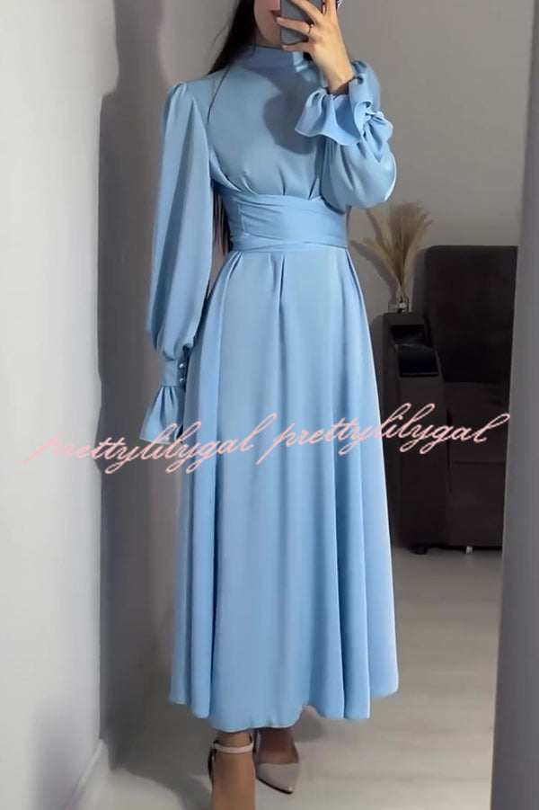 Solid Color Ruffled Sleeves Waisted Tie Slim Fit Maxi Dress