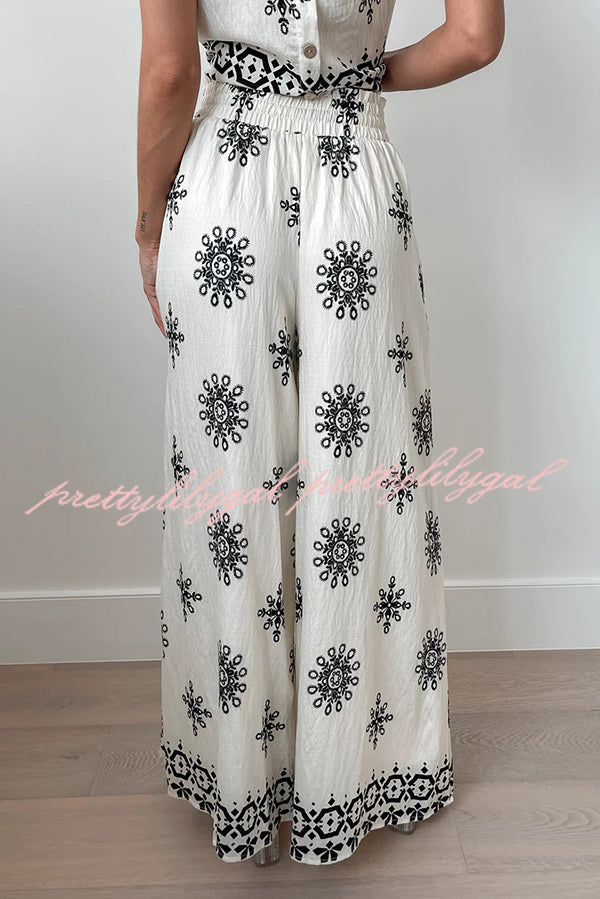 Unique Printed Round Neck Sleeveless Button Top and Elastic Waist Pocket Wide Leg Pants Set