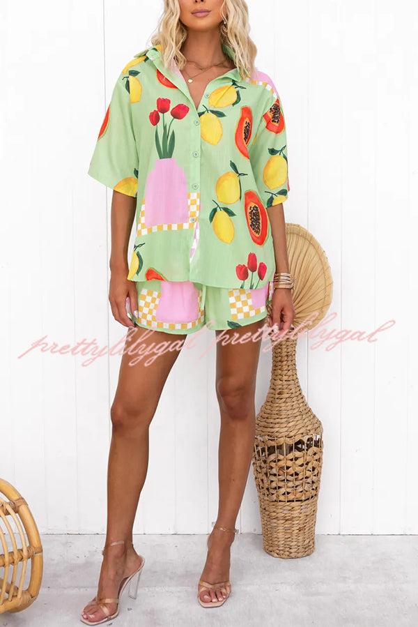 Summer Days Unique Fruit Print Loose Shirt and Elastic Waist Shorts Set