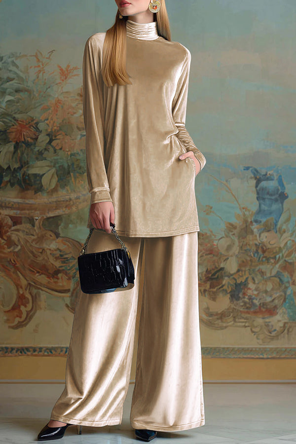 Solid Color Velvet Turtleneck Long-sleeved Loose Top and Elastic Waist Pocket Casual Wide-leg Pants Set