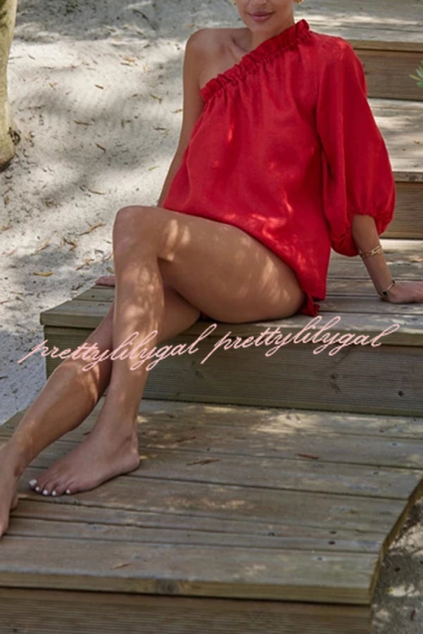 Chasing Comfort Linen Blend One Shoulder Top and Elastic Waist Pocket Shorts Set