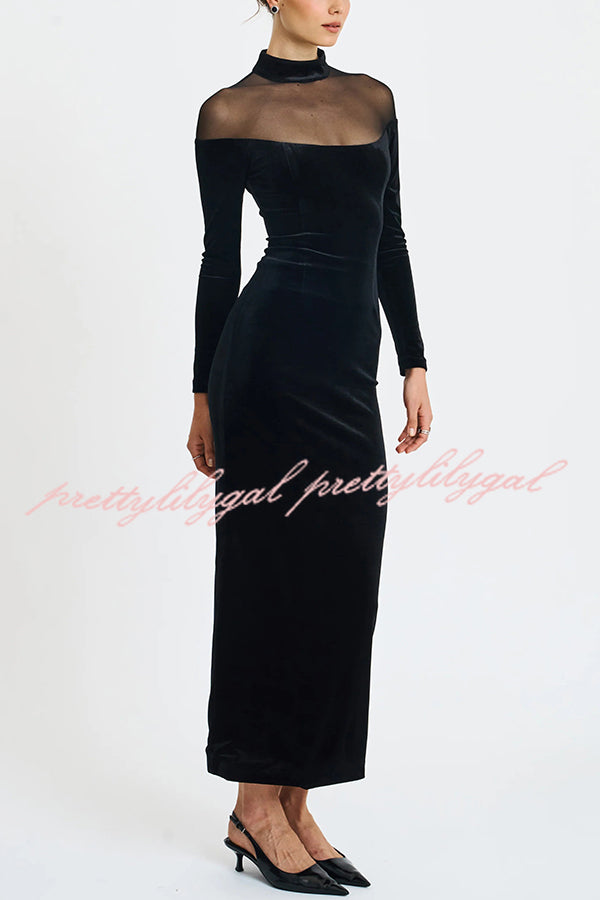 Fashionable Velvet and Mesh Spliced long-sleeved Slim-fit Maxi Dress