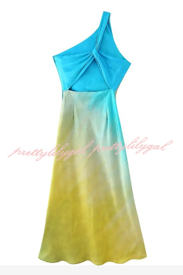 Satin Ombre One Shoulder Backless Fitted Maxi Dress