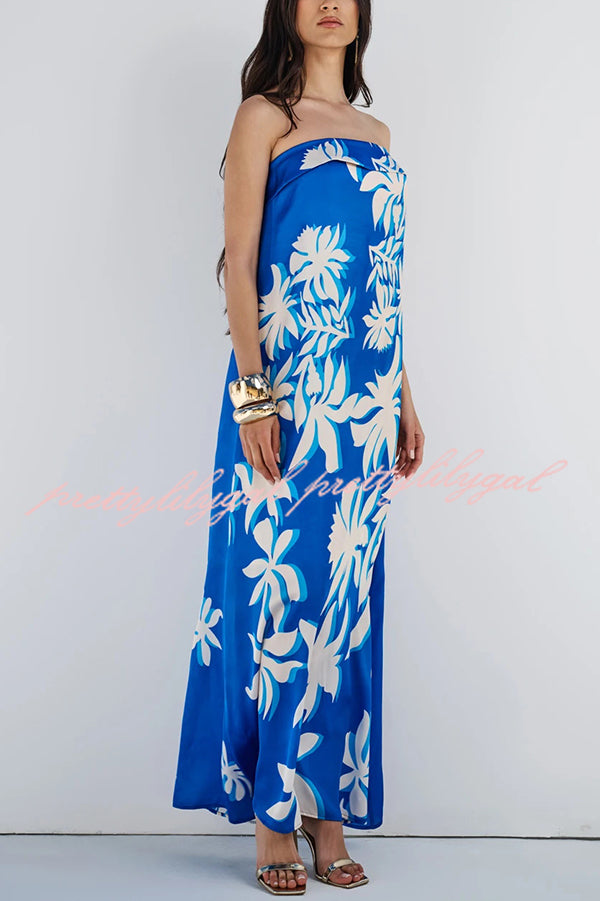 Fashion Vacation Satin Unique Print Off Shoulder Maxi Dress