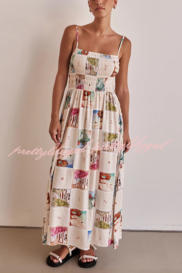 Unique Printed Sling Backless Elastic Pleated Maxi Dress