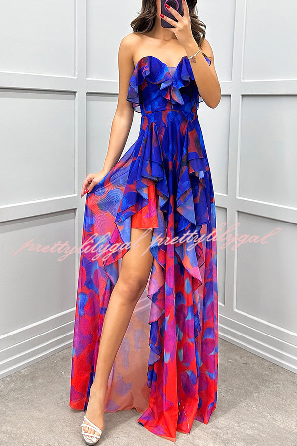 Loving Moment Gradient Unique Print Flowing Layered Ruffles Strapless Slit Maxi Dress