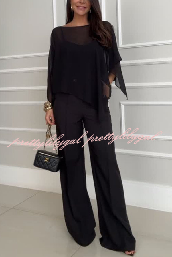 Vanie Chiffon Cape Batwing Sleeve Top and High Waist Pocket Wide Leg Pants Set