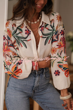 Botanical Print Loose Lapel Long Sleeve Casual Shirt